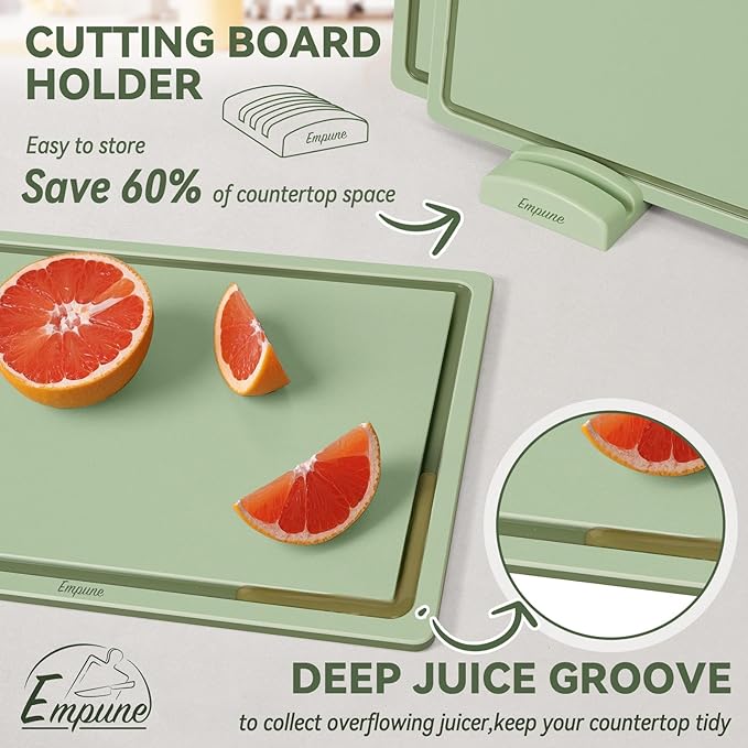 Empune Plastic Cutting Board Set, Recycled Plastic Cutting Boards for Kitchen (Set of 3), Dishwasher Safe Large Chopping Board with Holder, Non-slip Feet and Juice Grooves, Nonporous, Green