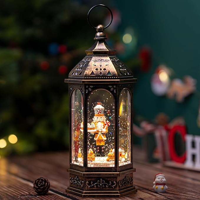 Animated Gingerbread Nutcracker with Moving Figurines Lighted Water Lantern, USB Lined/Battery Operated Snow Globe for Christmas Festival Decoration Gifts