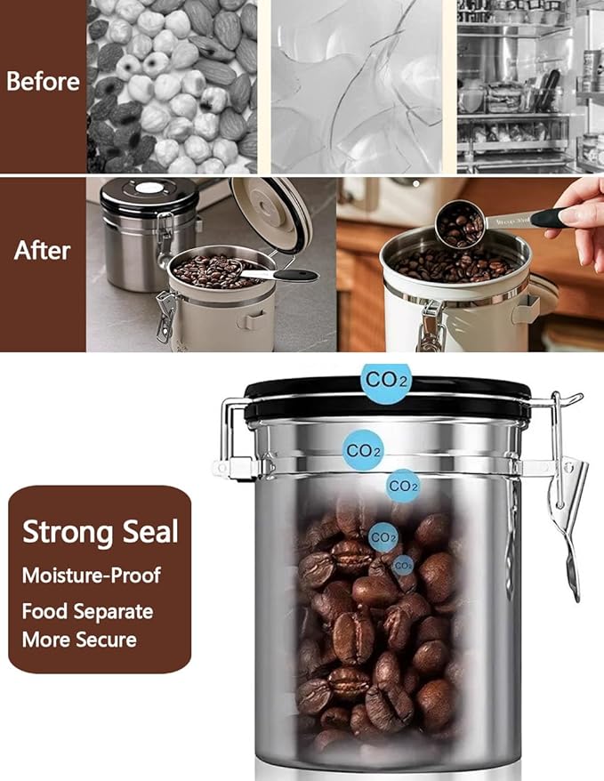 Coffee Canister Airtight Storage Container 1.8L Stainless Steel Air Tight Coffee Jar with Scoop, Date Tracker CO2 Release Valve for Dry Food, Beans, Ground, Tea, Flour, Cereal and Sugar (Silver)