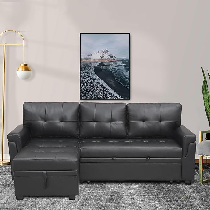 Naomi Home Modern Sectional Sofa with Storage Chaise Black/Air Leather