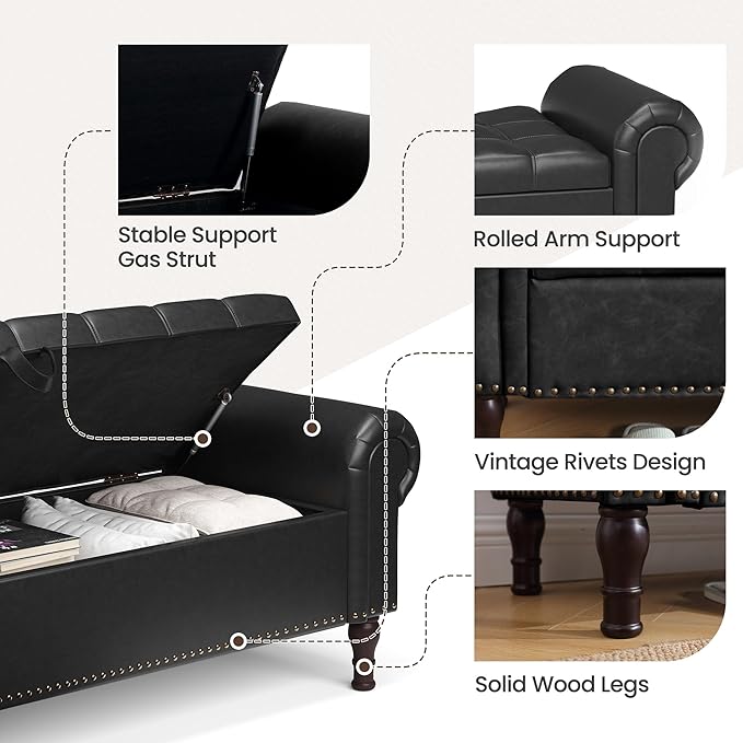 Storage Ottoman Bench for Bedroom, 51" Upholstered Bedroom Bench with Rolled Arms and Vintage Rivets, Large Storage Chest for Living Room, Bedroom, Entryway, Black