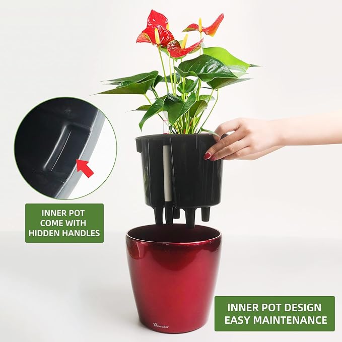 Dexceder 9x8 Inches High Gloss Self Watering Planter Indoor Outdoor, Inner Pot Design, Thickened Table Flower Plant Pot with Water Level Indicator (Red)