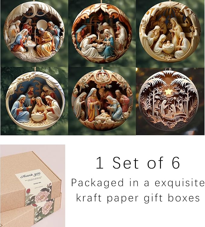 6 Pack Nativity Scene Ornaments - 3.15'' Diameter & Gifts Boxed Keepsake | Christmas Tree Nativity Scene Hanging Ornaments, The Birth of Jesus Decor, Religious Gifts for Christian & Family