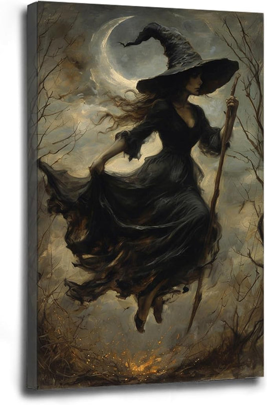Witch in the Forest Halloween Print Wall Art Poster Witch Decor Vintage Print Dark College Wall Art Victorian Gothic Room Decor Canvas Wall Print16x24in Wood Framed