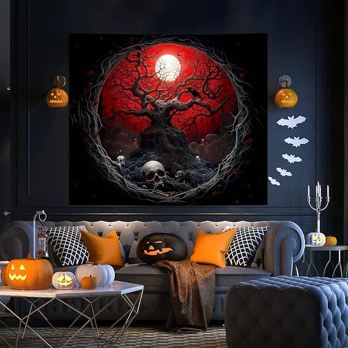 Atrippy Halloween Black Red Anime Tapestry, Gothic Dark Forest Moon Wall Hanging, Nature Skull Withered Tree Landscape Tapestries for Bedroom Living Room Men Dorm 51x 60 Inches