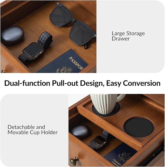 HULALA HOME End Table with Drawer Set of, Modern End Table with USB Ports and Outlets, Wooden Side Table with Storage-Acorn