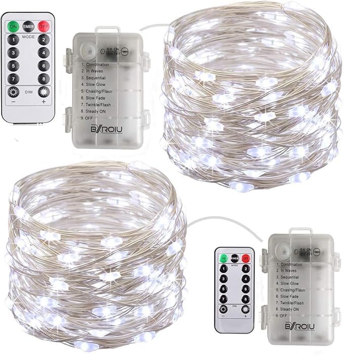 2 x Fairy Lights Battery Operated,Silver Wire Chains 8 Mode 16Ft/5Meter 50 LEDs Timer String Lights with Remote Control for Bedroom Christmas Party Wedding Decoration (Cool White)
