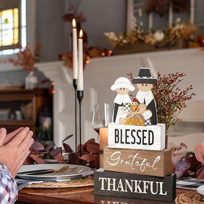 4 Pcs Fall Thanksgiving Table Decor for Home Pilgrim Couple Wooden Signs with Blessed Thanksgiving Autumn Tiered Tray Decor Turkey Tabletop Centerpiece Grateful Block Signs for Office Kitchen Shelf