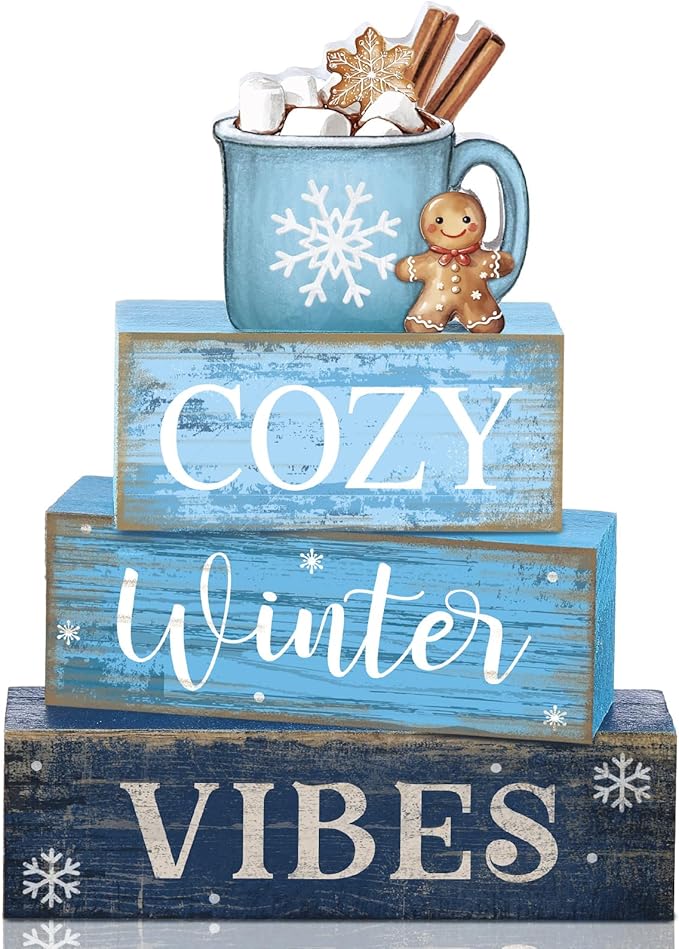 4 Pcs Christmas Table Decoration Wooden Hot Cocoa Decor Winter Tiered Tray Decor Christmas Centerpiece Rustic Decorative Hot Cocoa Block Sign Farmhouse Winter Decoration for Home Kitchen