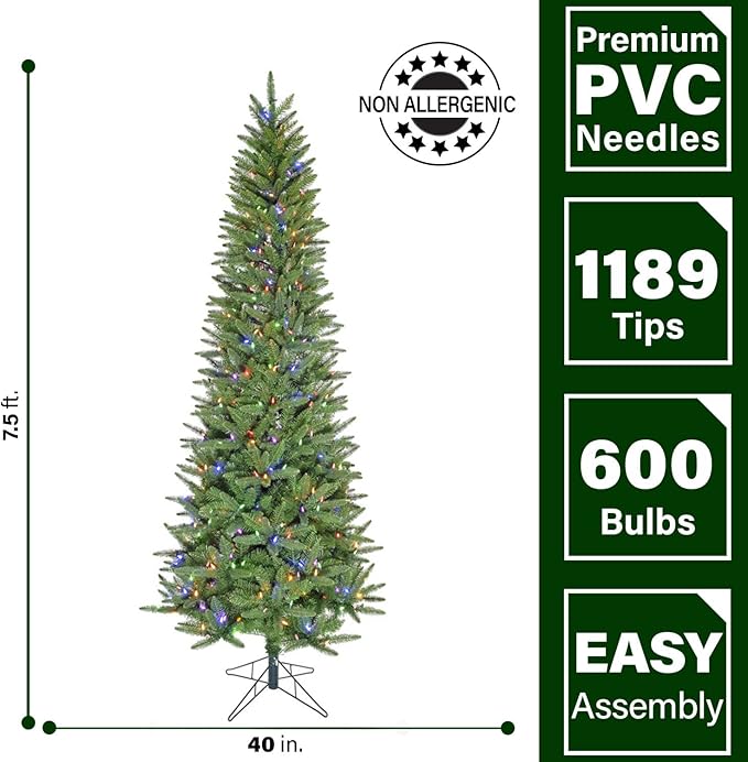 Fraser Hill Farm 7.5-ft. Winter Falls Slim Christmas Tree with 8 Function Dual Multicolor & Warm White LED Lights, Artificial Tree