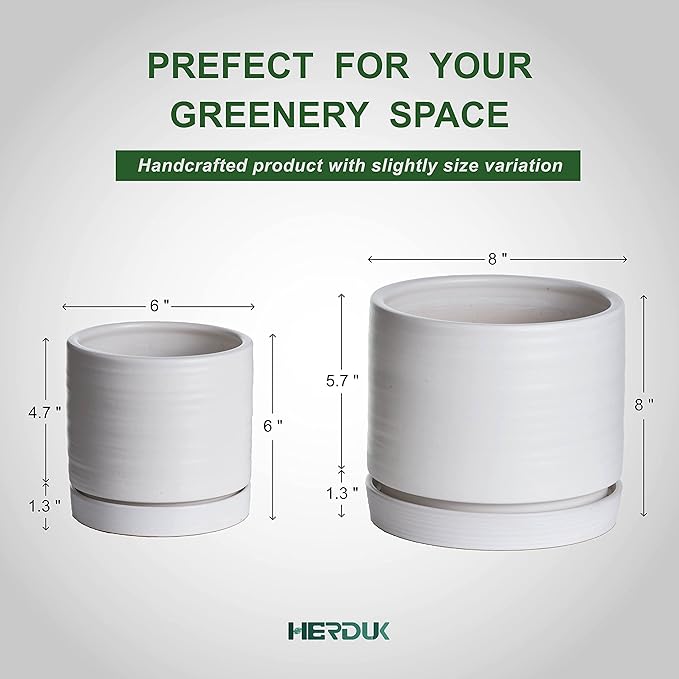 6 + 8 Inch Plant Pots, Ceramic Planter Pot with Drainage Hole & Saucer, Indoor/Outdoor Cylinder Round Planter Pot, Matte White
