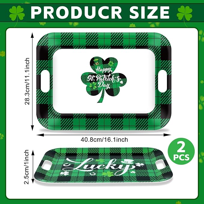 gisgfim 2Pcs St. Patrick's Day Serving Trays with Handle 16 x 11 Inch Large Melamine Rectangular Buffalo Plaid Serving Platter Tray Lucky Shamrock Melamine Dishes for Serving Food Outdoor Party