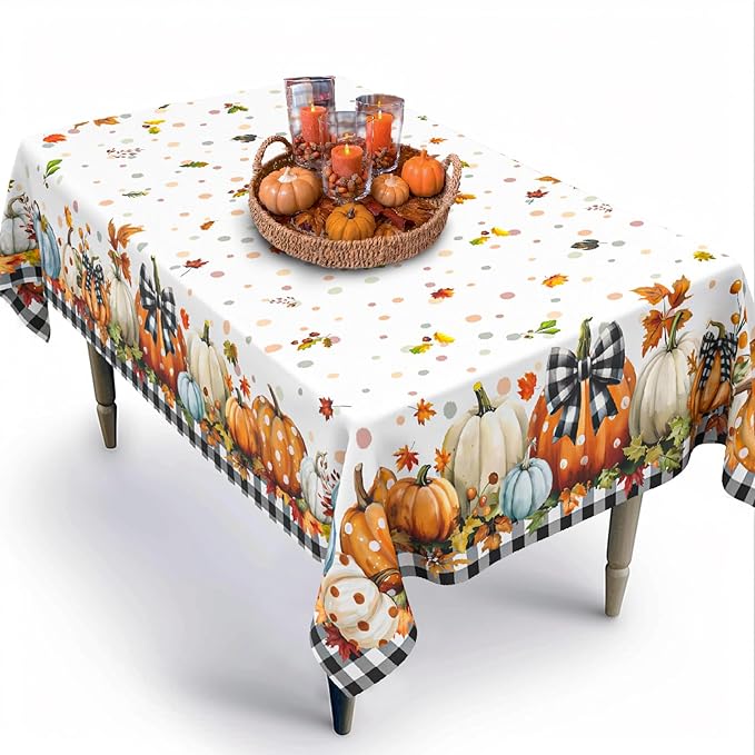 Fall Pumpkin Tablecloth Thanksgiving Autumn Buffalo Plaid Table Cloth 60"x84", Waterproof and Reusable Table Cover for Fall Harvest Party Decoration