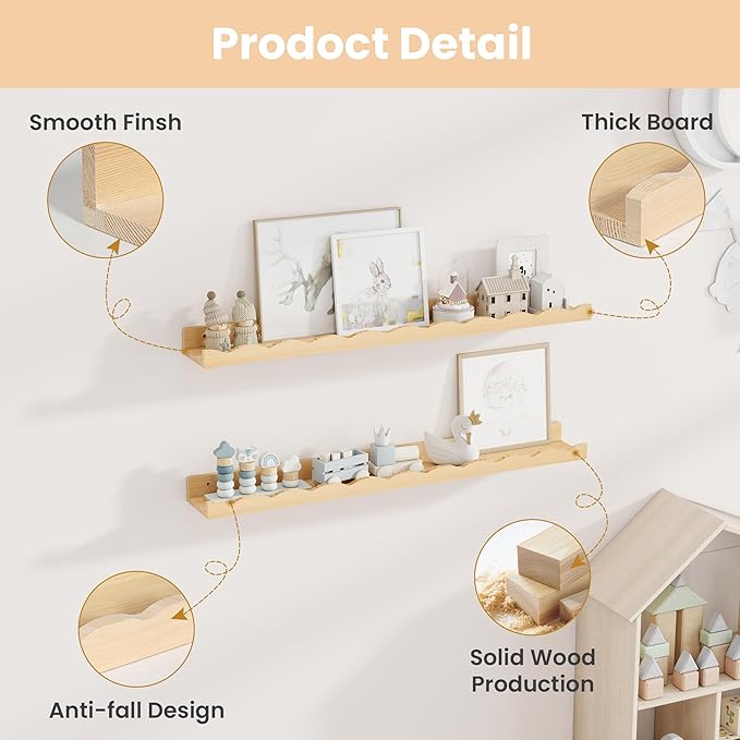 Fun Memories Picture Ledge Shelf for Wall, 36 inch Pine Wood Nursery Book Shelves Set of 2- Wall Book Shelves for Kids Room, Home Decor - Kitchen Spice-Natural
