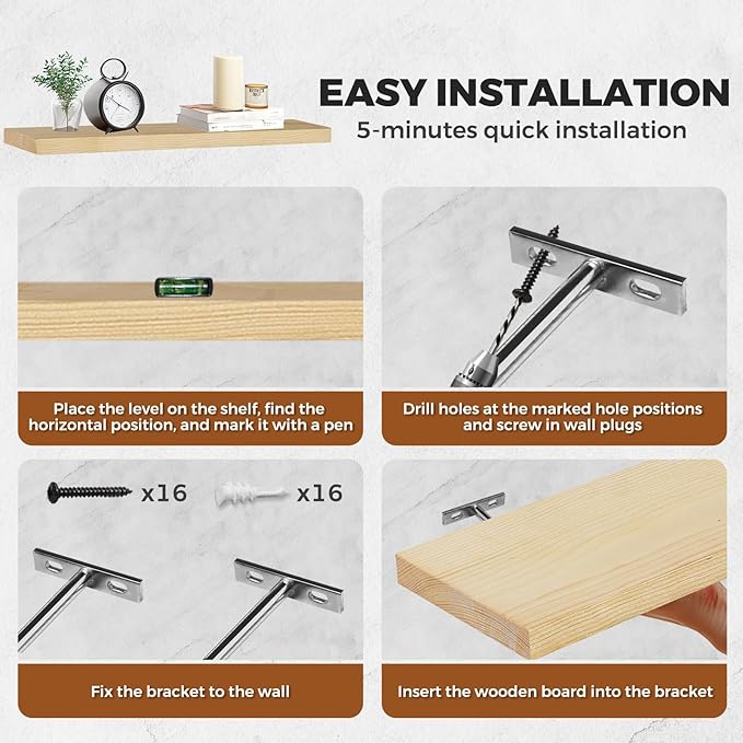 Floating Wall Shelves 4-Pack - Rustic Wood 16-inch Wooden Wall Shelves for Storage and Décor, Multi-Functional and Easy to Install for Living Room, Bedroom, and Kitchen