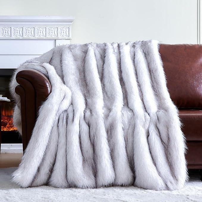 Fluffy Faux Fur Throw Blanket – Super Soft Warm Thick Plush Blanket for Bed, Couch & Office, Cozy Fuzzy Throw with Flannel Backing,50"x60", White
