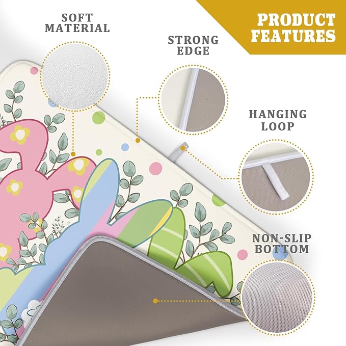 Easter Dish Drying Mat for Kitchen Counter Cute Bunny Rabbit Festival Holiday Seasonal Absorbent Reversible Microfiber Kitchen Countertop Protector Dishes Pad Large 18x24 inch