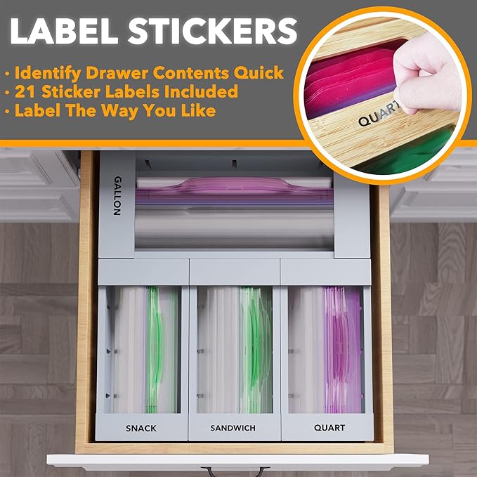 SpaceAid Bag Storage Organizer for Kitchen Drawer, Bamboo Organizer, Compatible with Gallon, Quart, Sandwich and Snack Variety Size Bag (4 Pack), Gray