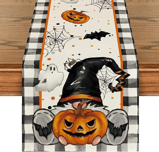 Artoid Mode Buffalo Plaid Gnome Bat Pumpkin Ghost Halloween Table Runner, Sensonal Kitchen Dining Table Decor for Home Party 13 x 120 Inch