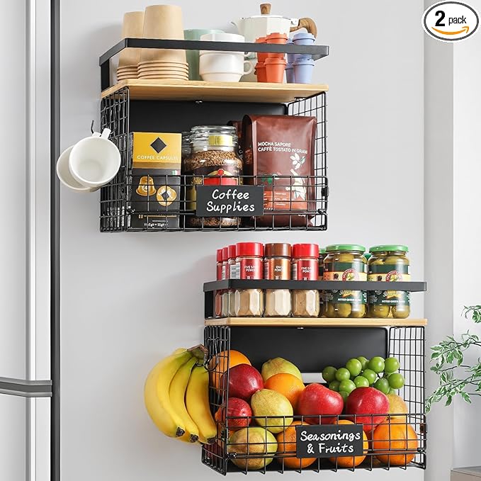 [WIDER Shelf]2 SET Strong Magnetic Shelf Basket for Fridge with Tag & Bamboo Top, XXL Large Magnetic Spice Rack Shelves for Side of Refrigerator, Kitchen Pantry Storage Organizer for Food Fruit Veg