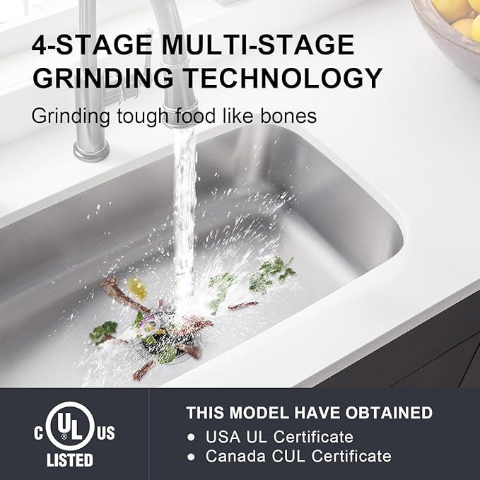 Garbage Disposal 1 HP Ultra Quiet Intelligent Auto-Reverse Function Continuous Feed Food Waste Disposer with Power Cord Easy install, AC Motor Stainless Steel Grind 1 Horsepower (MAX-6)