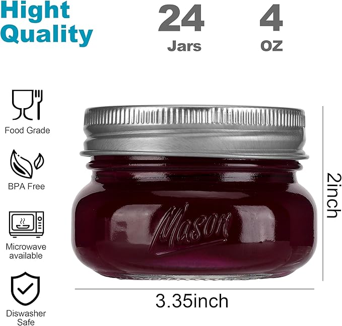 Mason Jars 4oz - 24Pack Glass Jars with Leak Proof & Food Grade Canning Jars for Spices, Dry Food Storage & DIY Crafts, Perfect for Home Cooks, Meal Prep, and Crafting Enthusiasts