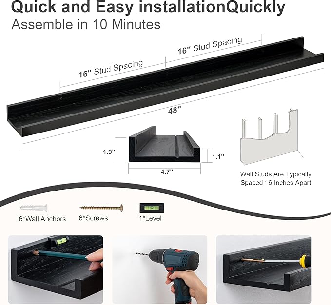Floating Picture Ledge Shelves 48 Inch Solid Oak Wood Set of 2, Rustic Wall Storage Shelves with Lip, Kids Bookshelf, Photo & Picture Ledge Shelves for Bedroom, Living Room, Kitchen