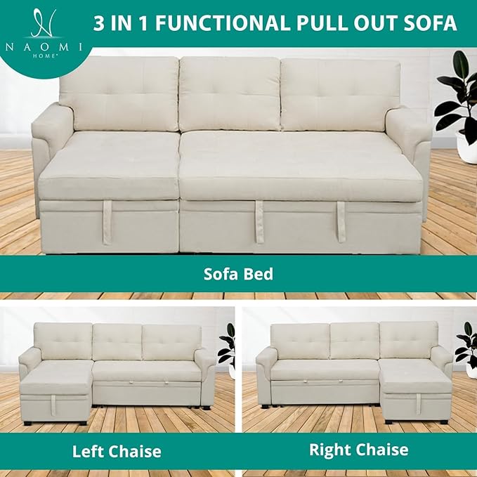 Naomi Home L-Shaped Reversible Sectional Sofa with Pull-Out Sleeper Bed and Storage Chaise, Cream Velvet