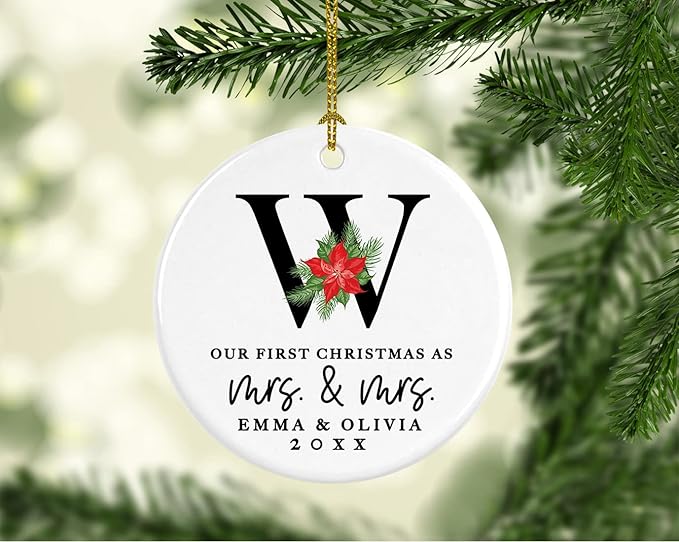 Andaz Press Personalized Our First Christmas As Mrs. & Mrs. 2025 Christmas Ornaments Monogram Poinsettia 2.8" Round Porcelain Ceramic Lesbian Married Couple Gay Women Newlyweds Wedding Keepsake 1-Pack