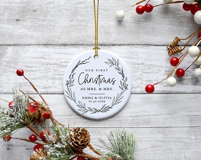 Andaz Press Personalized Our First Christmas As Mrs. & Mrs. 2025 Christmas Ornaments Modern Farmhouse Wreath 2.8" Round Porcelain Ceramic Lesbian Married Couple Gay Women Newlyweds Keepsake 1-Pack