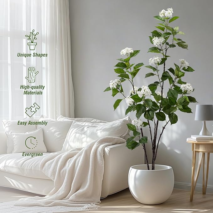 Fake Plants Home Decor Artificial Plants Outdoor Hydrangea Artificial Plants Indoor Fake Tree Living Room Decor Artificial Tree Porch Decor Fiddle Leaf Fig Tree 6Ft (White)