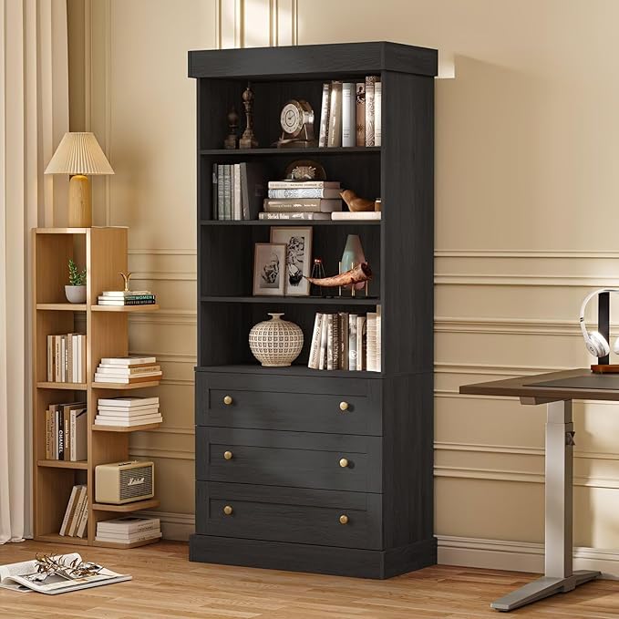 Vyre 71" Tall Farmhouse Bookshelves with Drawers, Large Modular Bookcase with Adjustable Shelves, Storage Cabinet for Living Room, Kitchen, Home Office, Black