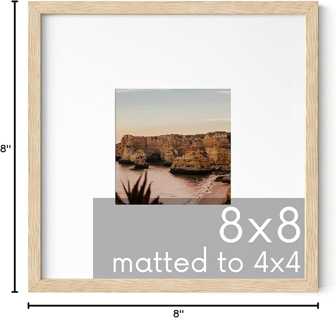 HAUS AND HUES Solid Oak 8"x8" Picture Frame Matted to 4"x4" - 8x8 Square Frame With or Without Mat, 8x8 Wood Frame, Square Photo Frame, 8 x 8 Wood Picture Frame (Beige Oak)