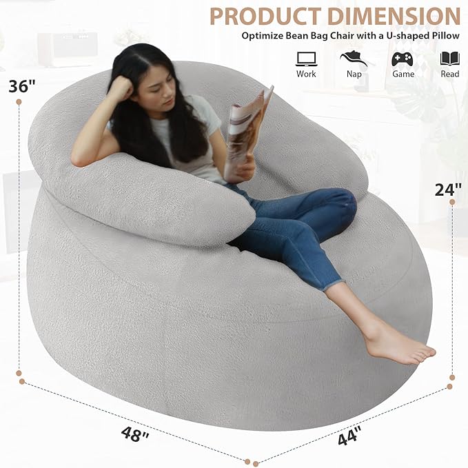HABUTWAY Bean Bag Chair with U-shaped Pillow for Adult and Kids Big BeanBag Chair with Filling Ultra Soft Faux Fur Couch Chair with Washable Cover for Living Room Bedroom Office,Light Grey& Light Grey