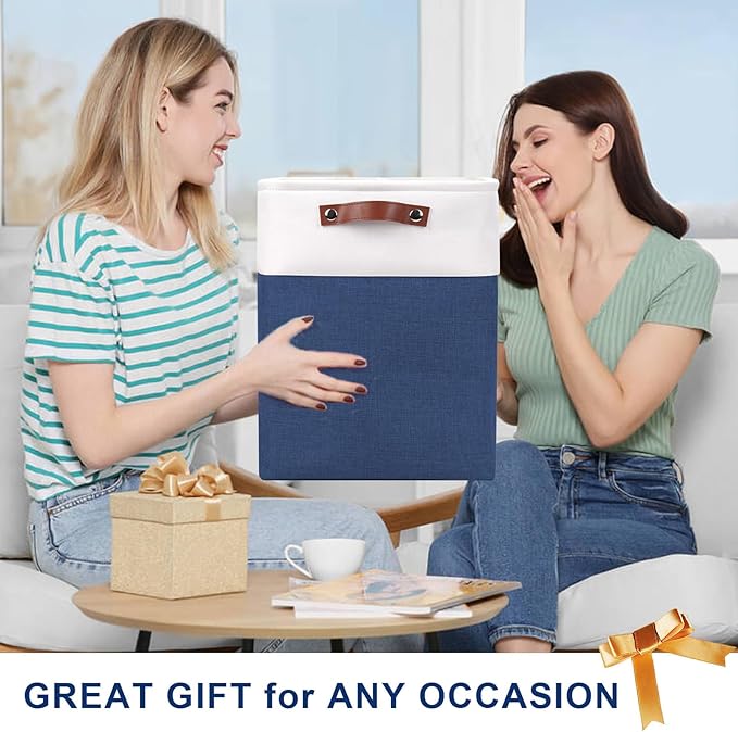 Large Fabric Storage Baskets | 50L Storage Bins, Decorative Linen Closet Baskets with Handles for Organizing, Shelf, Toys, Clothes, Home, Office, Nursery, 17x12x15Inches (Navyblue&White)