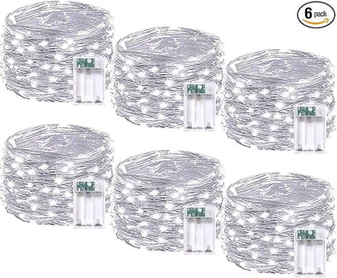 6 Pack Fairy Lights Battery Operated with Timer, Each 20FT 60LED Christmas String Lights Outdoor Indoor, Cuttable Battery Twinkle Light for Bedroom Home Wedding DIY Christmas Decorations (Cool White)