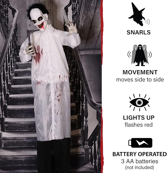 Haunted Hill Farm Life-Size Scary Animatronic Doctor with Touch Activated Lights and Sounds, Indoor or Covered Outdoor Spooky Halloween Decorations for Home or Haunted House, Battery-Operated