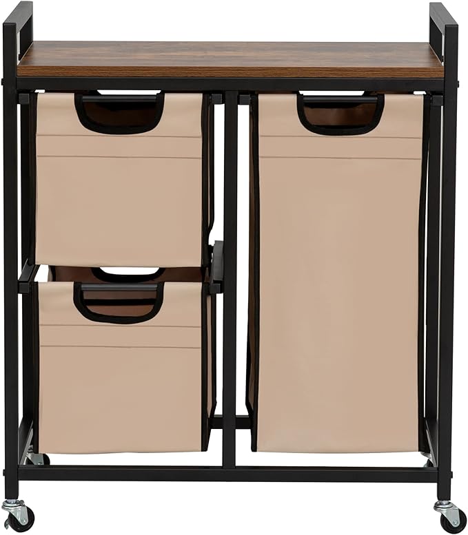 Laundry Basket Organizer - Hampers with 3 Compartments, Sliding Laundry Sorter Bags, Top Storage Shelf, Metal Frame
