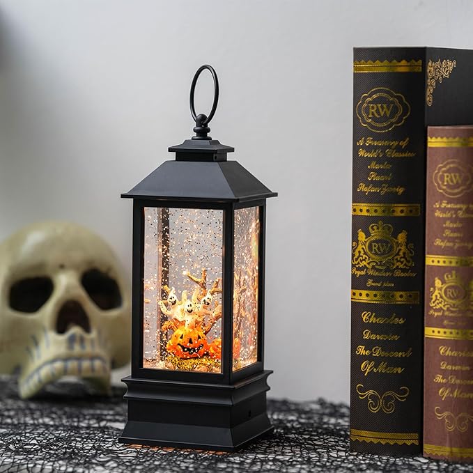 Halloween Snow Globe Lantern Water Glittering Spooky Ghosts in Pumpkins with Music, USB Lined/Battery Operated Lighted Lantern for Halloween Festival Decoration Gifts
