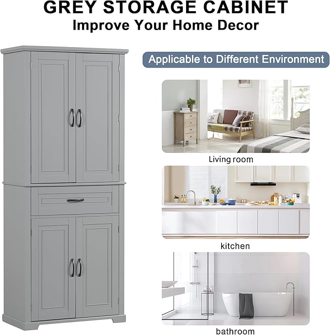 72.2" Tall Storage Cabinet with 4 Doors and Drawer, Freestanding Linen Cabinet, Wooden Pantry with Adjustable Shelf for Kitchen, Bathroom, Living Room, Grey