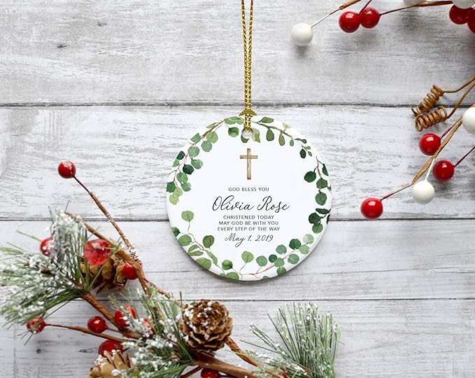 Andaz Press Personalized Round Ceramic Porcelain Christmas Ornament Keepsake Collectible Gift, God Bless You Olivia Rose Christened Today, Farmhouse Eucalyptus Wreath, 1-Pack