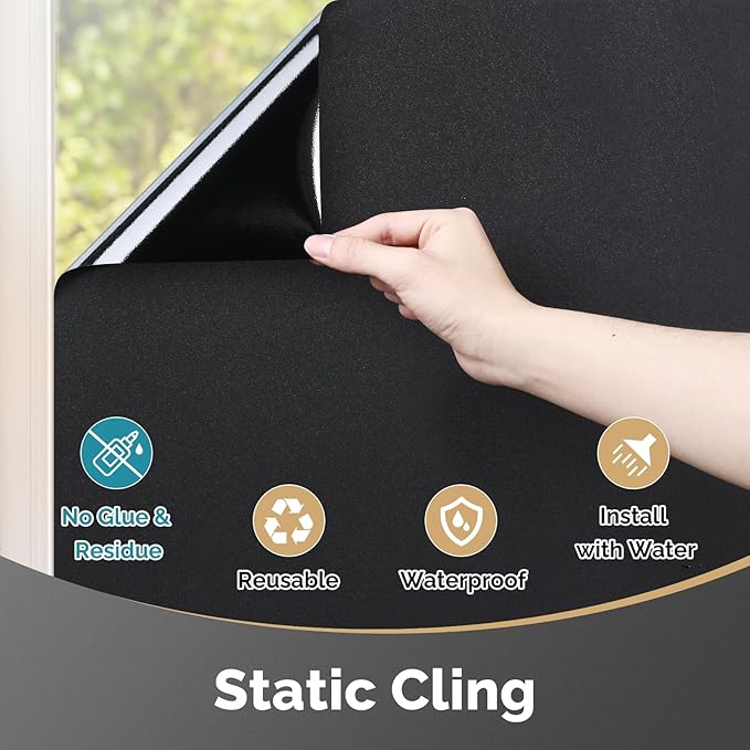 DOWELL Blackout Window Film, 100% Light Sun Blocking Static Cling Frosted Privacy Film for Glass, Heat Control Removable Window Tint, Room Darkening Cover for Day Sleep, Black, 17.5" x 78.7"