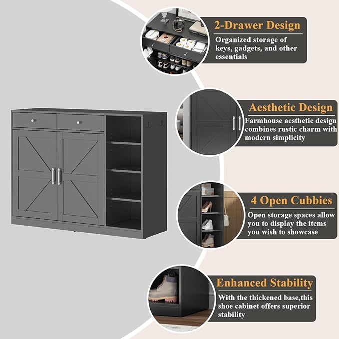 Loomie 5-Tier Shoe Cabinet with 4 Side Cubbies, Farmhouse Shoe Rack Cabinet with 6 Adjustable Shelves & 2 Drawers, Freestanding Shoe Storage Cabinet with 4 Brackets & 2 Hooks for Entryway (Black)