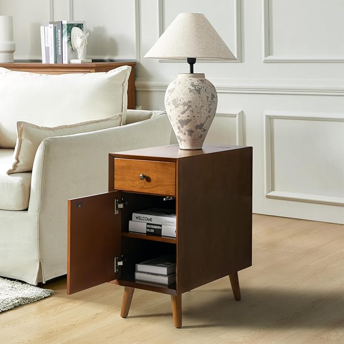 HULALA HOME End Table with Drawer and Charging Station, Modern End Table with USB Ports and Outlets, Wooden Side Table with Storage-Acorn