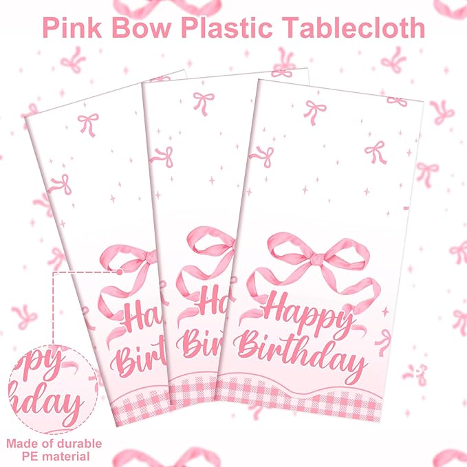 3 Pack Coquette Pink Bow Plastic Tablecloth, 54 X 108Inch Disposable Pink Bow Table Cloth for Rectangle Tables Waterproof Table Cover for Girls Bridal Wedding Birthday Party