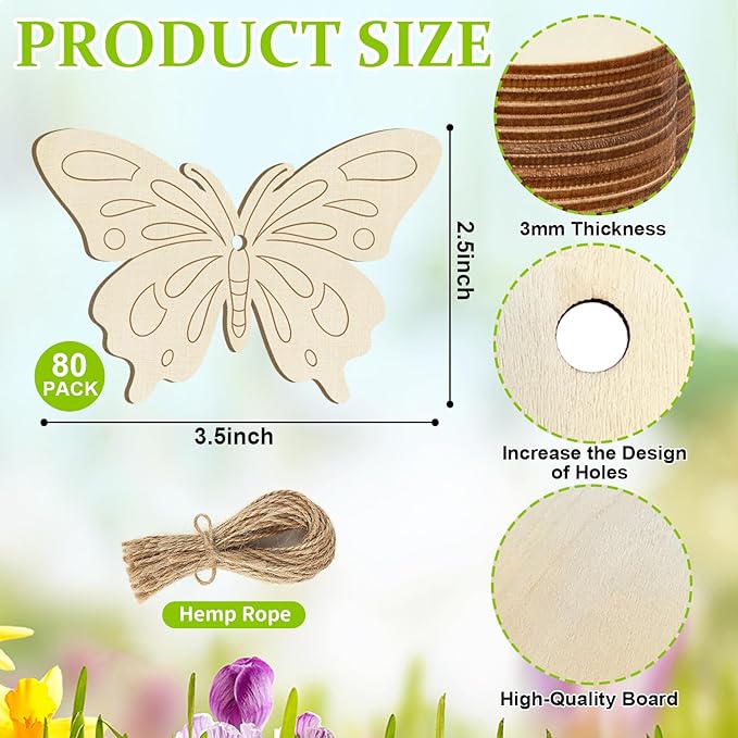 80PCS Wooden Spring Ornaments to Paint Butterfly Cutouts, 8 Styles DIY Blank Unfinished Wood Butterfly Cutouts Ornament for Home Crafts Hanging Decorations