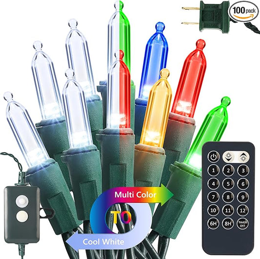 Brizled Christmas Lights, 33ft 100 LED Color Changing Christmas Tree Lights Connectable with Remote, 12 Modes Cool White & Colored Xmas Lighting, Clear Mini Xmas Lighting for Indoor Outdoor Home Decor