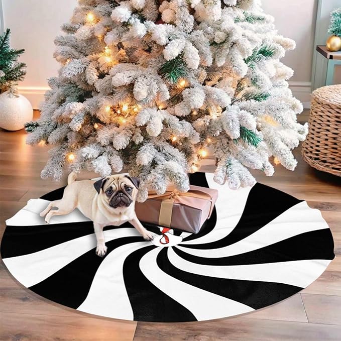 48" Black and White Peppermint Candy Christmas Tree Skirt, Tree Mat Base Cover for Xmas Festive Holiday Party Decoration Ornaments