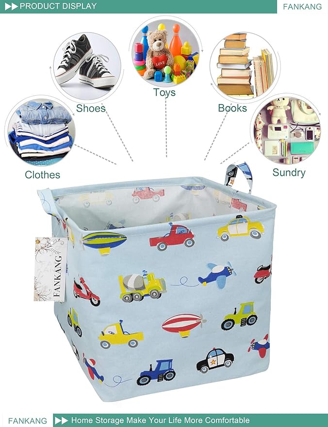 FANKANG Square Nursery Hamper Storage Bins Canvas Laundry Basket Foldable with Waterproof PE Coating Storage Baskets Gift Baskets for Children, Office, Bedroom, Clothes（Square-Car ）