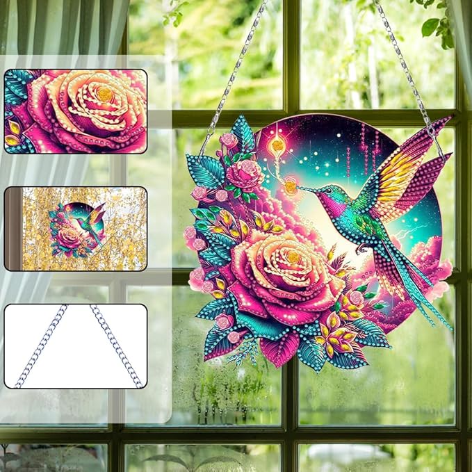 Flowers Hummingbird Diamond Art Kits,5D Diamond Hanging Ornament Kits,DIY Special Shaped Diamond Dot Kits,Home Porch Crystal Hanging Pendant Ornament (Colorful1)